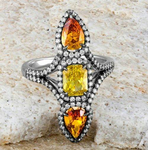 Platinum ring with vivid yellow ZIMMI 1.03 dia and 1.50 ct tw brown, yel, orange pears